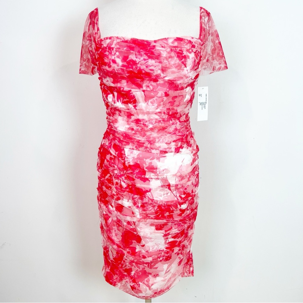 Rickie Freeman for Teri Jon Pink and White Floral Ruched Sheath Dress